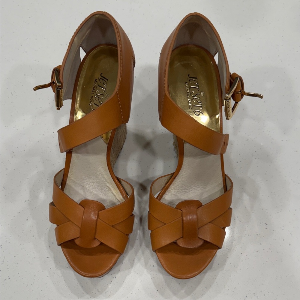 Michael Kors Jetset6 Tan Leather Wedge Sandals with Braided Front